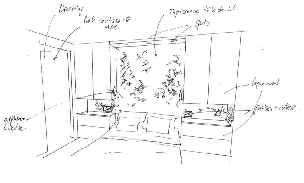 Croquis de la chambre et de ses rangements — Projet Alouette, Saint-Mandé