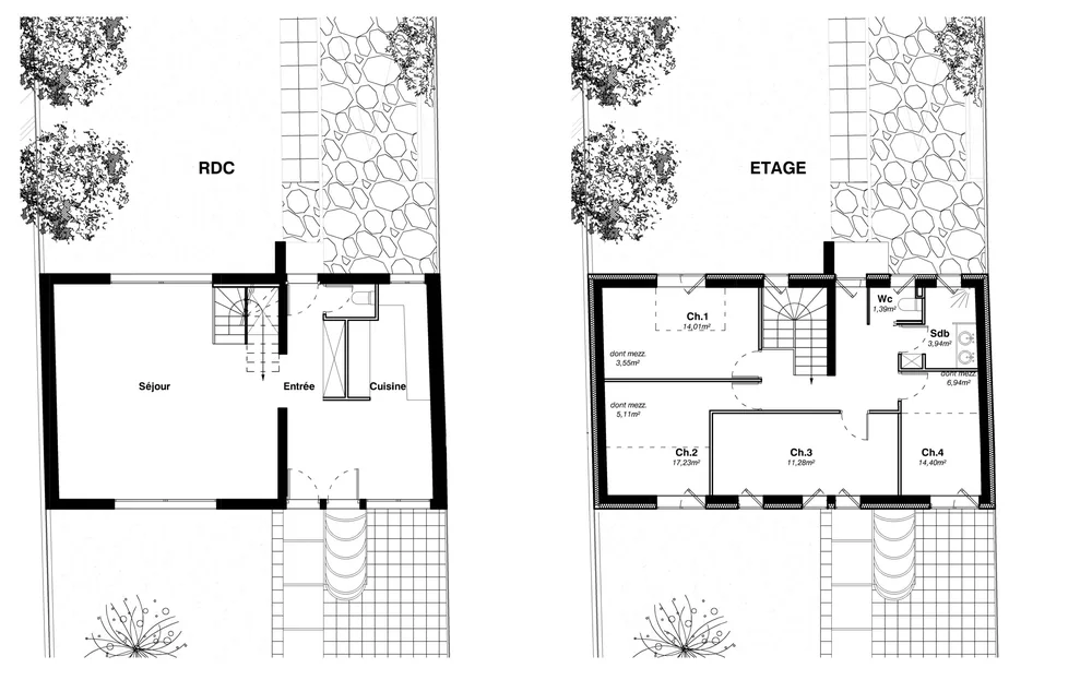 Plans du rez-de-chaussée et de l’étage — Projet Charmes, Fontenay-sous-Bois