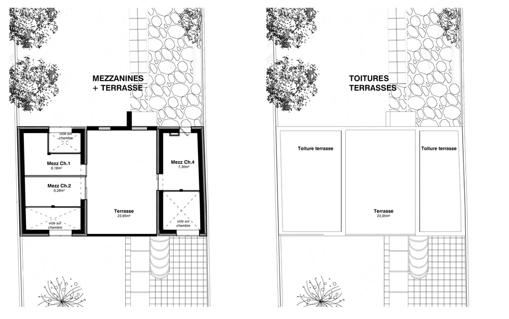 Plans des mezzanines et des toitures-terrasses — Projet Charmes, Fontenay-sous-Bois