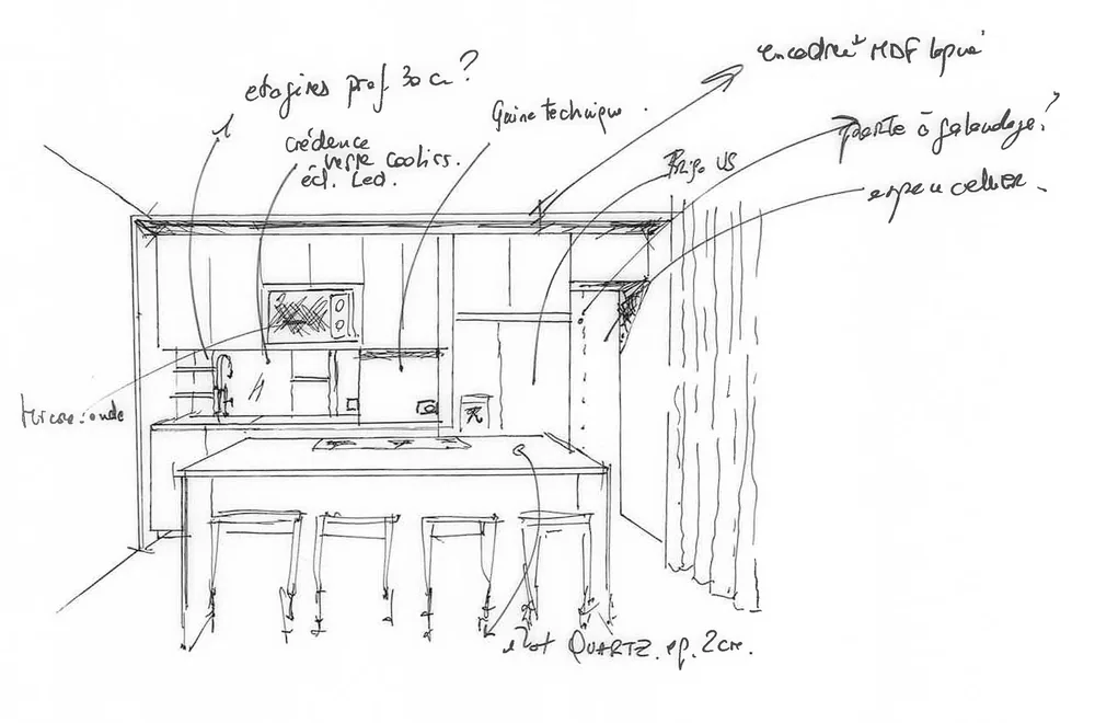 Croquis de la cuisine et de son comptoir — Projet Jemmapes, Paris