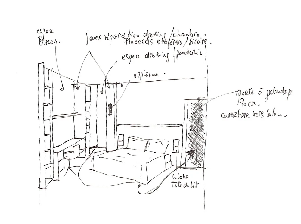 Croquis de l’aménagement de la chambre — Projet Ledru-Rollin, Paris 11e