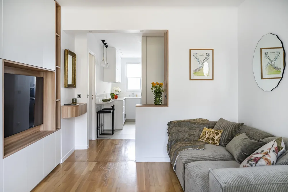 Vue du séjour vers la cuisine — Projet Valmi, Paris Est