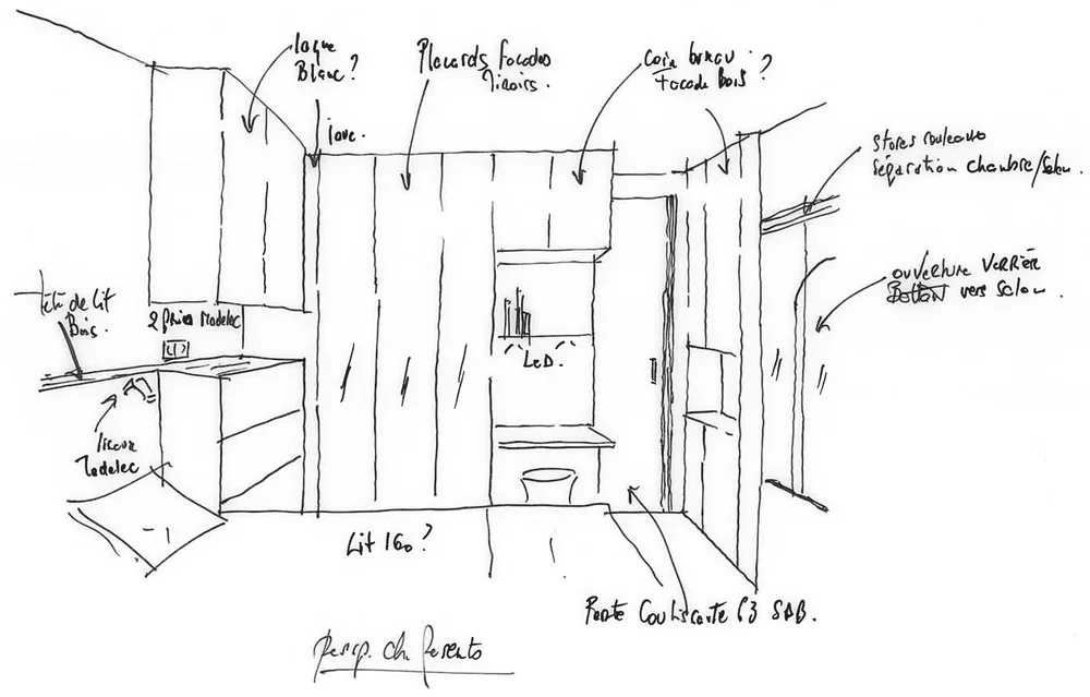 Croquis de la chambre parentale — Projet Valmi, Paris Est