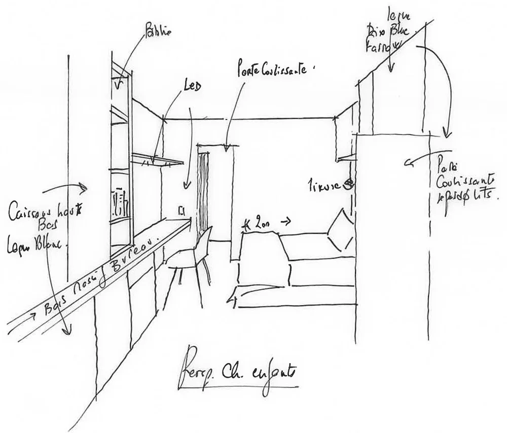 Croquis de la chambre des enfants — Projet Valmi, Paris Est